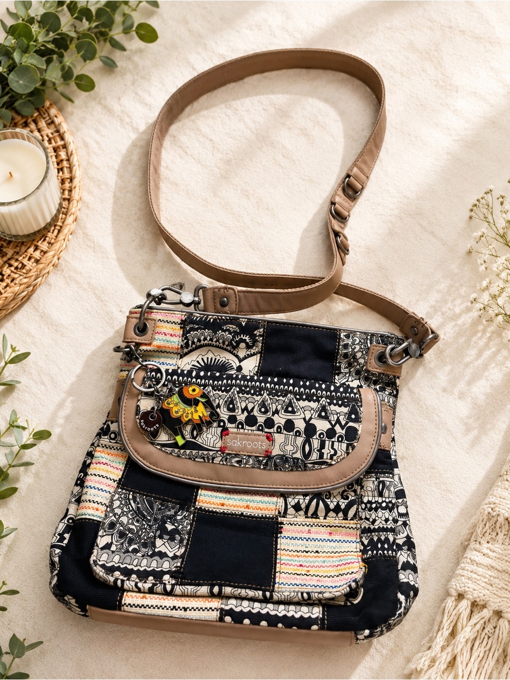 Sakroots Black Patchwork Crossbody with Tan Trim